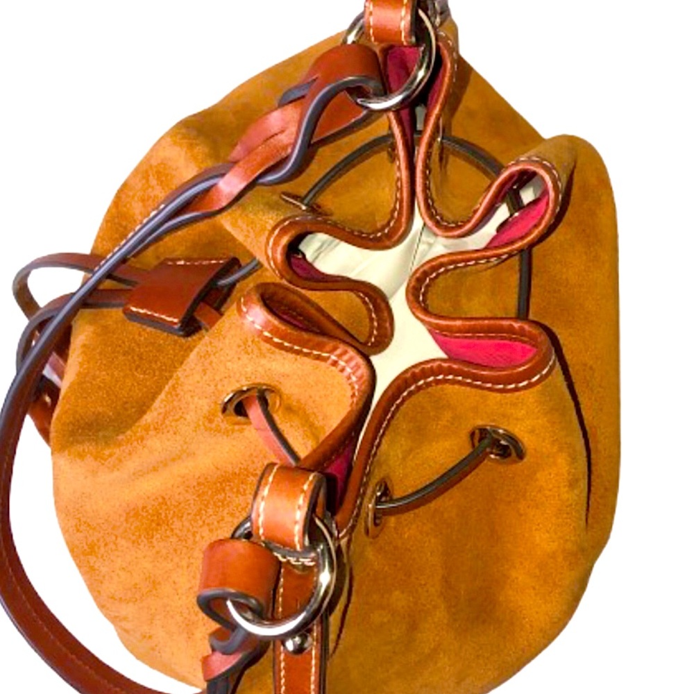 DOONEY BOURKE Honey Suede Bucket Bag w/ Brown Leather Drawstring Tassel Pull - Picture 6 of 17